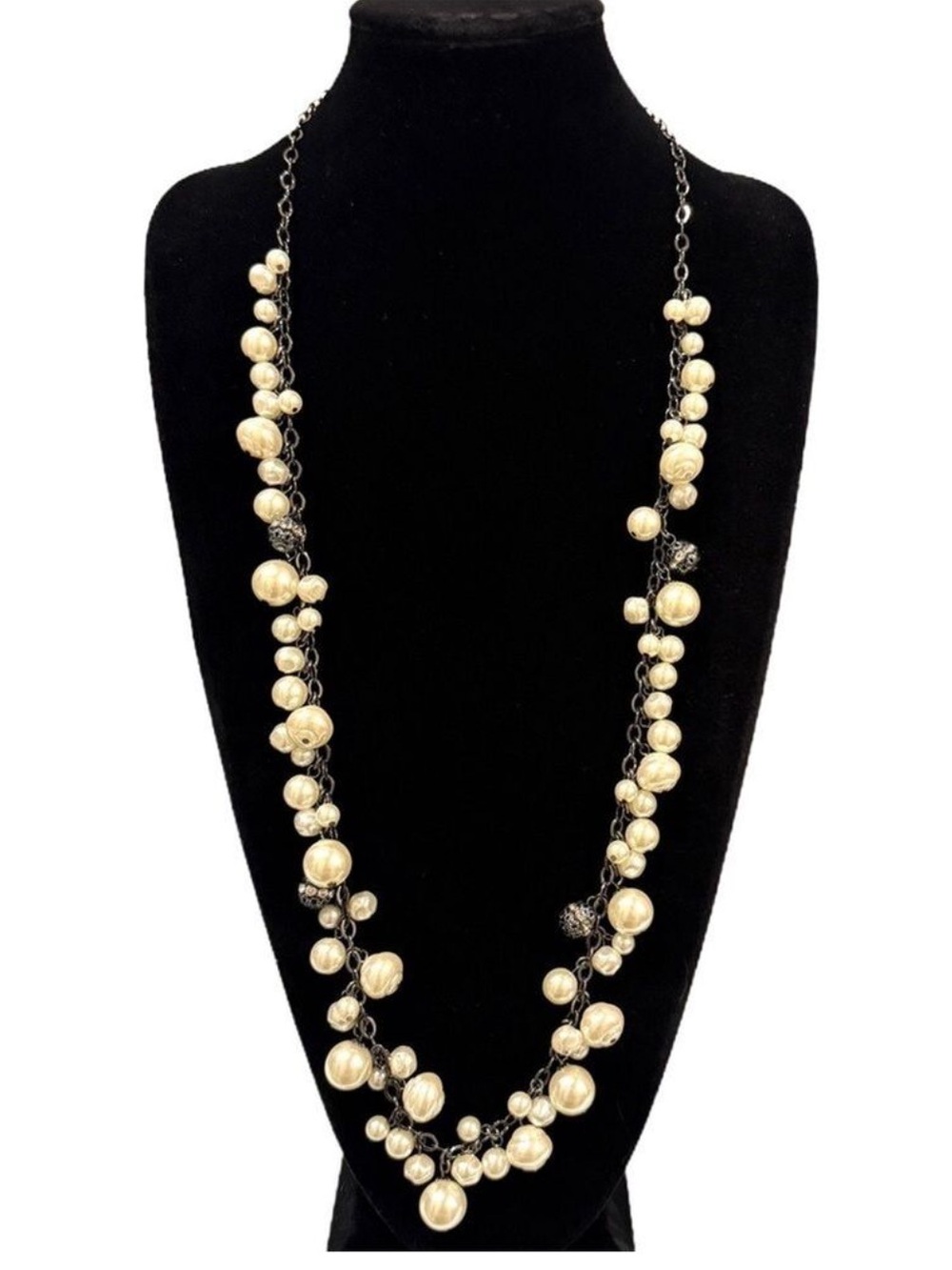 Chico's Gunmetal and Pearl Cluster Long Necklace New